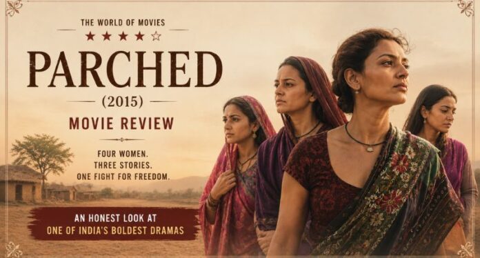 Parched 2015 movie review banner featuring four women in a rural Indian setting