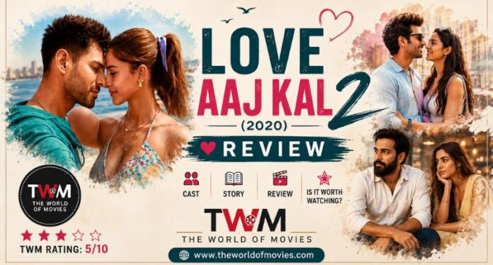 Love Aaj Kal 2 (2020) movie review banner featuring Kartik Aaryan, Sara Ali Khan, Randeep Hooda and Arushi Sharma with TWM rating of 5/10