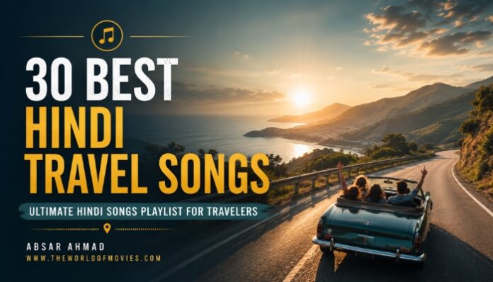 30 Best Hindi Travel Songs playlist banner featuring a scenic coastal road trip with a group of friends driving at sunset.