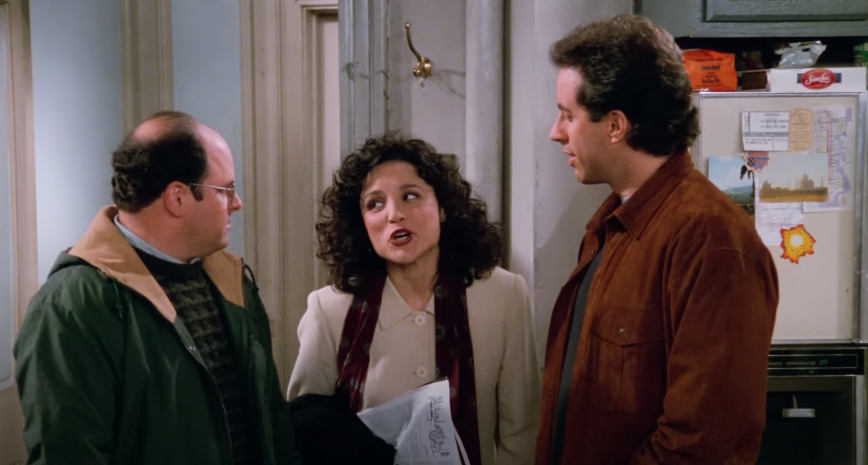 Elaine, Jerry, and George sharing a joke in iconic Seinfeld TV series scene