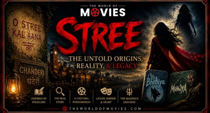 Stree The Untold Origins Reality and Legacy banner featuring Chanderi, O Stree Kal Aana folklore, Shraddha Kapoor's character, and the Maddock Horror Comedy Universe