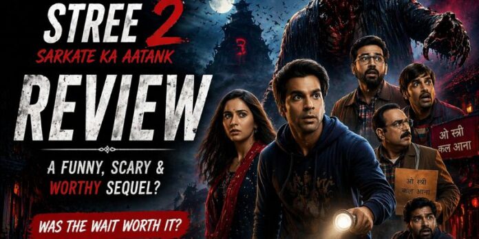 Stree 2 review banner featuring Sarkata and main cast in horror comedy scene