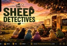 The Sheep Detectives Review | A Beautiful Family Mystery With Heart The Sheep Detectives movie review banner featuring colorful sheep listening to a man reading near a caravan during sunset in the English countryside