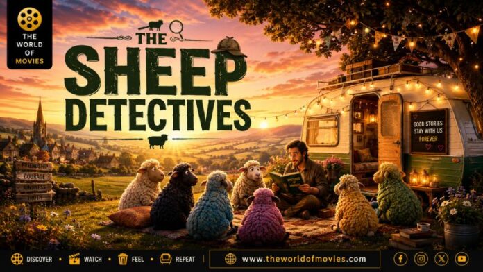 The Sheep Detectives movie review banner featuring colorful sheep listening to a man reading near a caravan during sunset in the English countryside