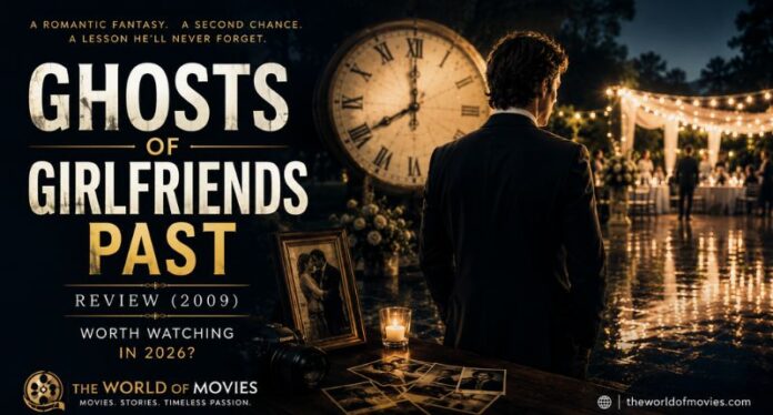 Ghosts of Girlfriends Past review banner featuring a man facing a glowing clock surrounded by ghostly figures representing past relationships.