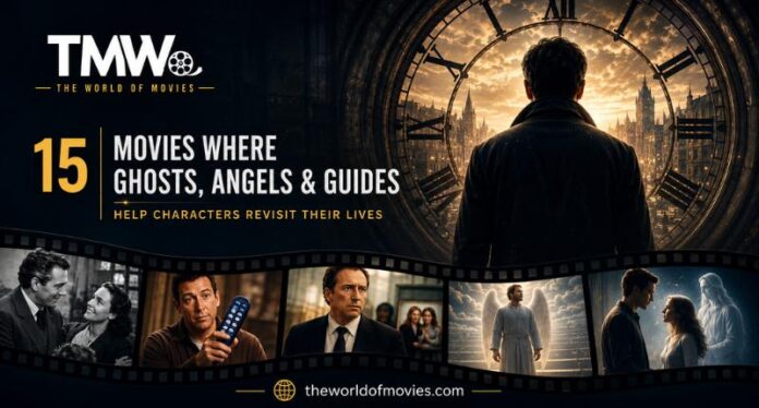 Man standing before a giant clock as ghosts and supernatural guides lead characters through past, future, and alternate realities in iconic movies.